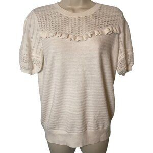NWT Ann Taylor‎ Loft White Short Sleeve Sweater Top Size M Puff Sleeve Open Knit